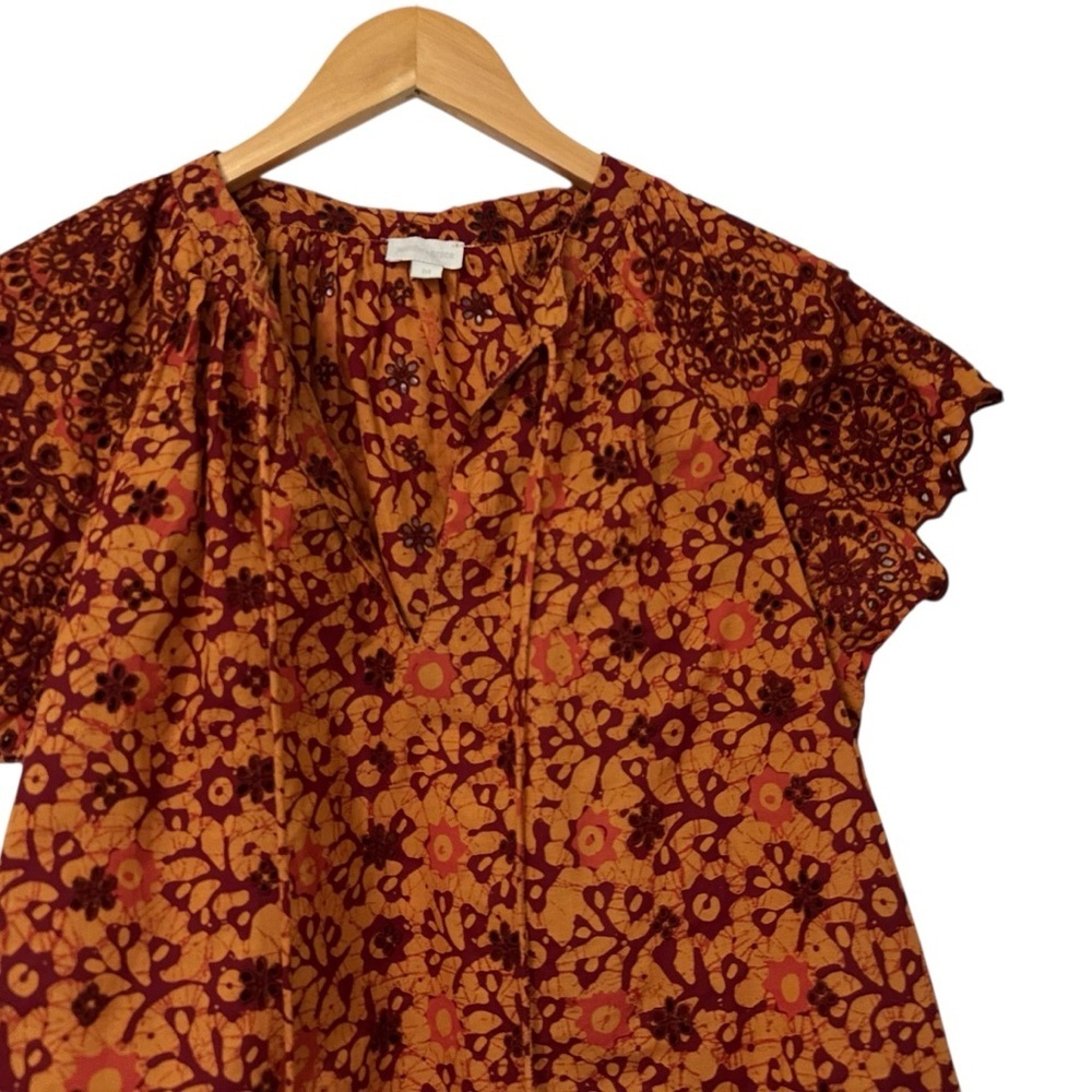 Jennifer & Grace Womens Eyelet Flutter Sleeve Split Neck Blouse Sz Medium Orange - Picture 3 of 7